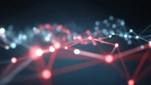 Abstract digital network connection with glowing red and blue dots, symbolizing data flow and technology.