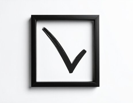 A bold, black checkmark drawn inside a modern, square, black frame