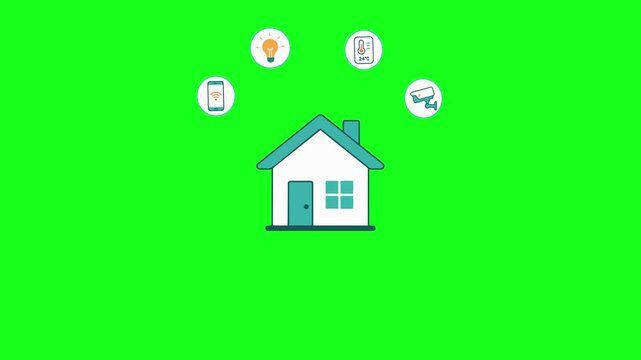Smart home connected devices, CCTV, phone, AC, 2D vector icon