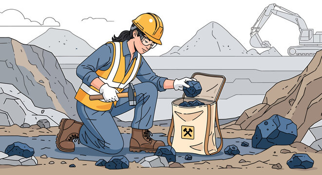 Female geologist collecting mineral samples at an open pit mining site illustration.