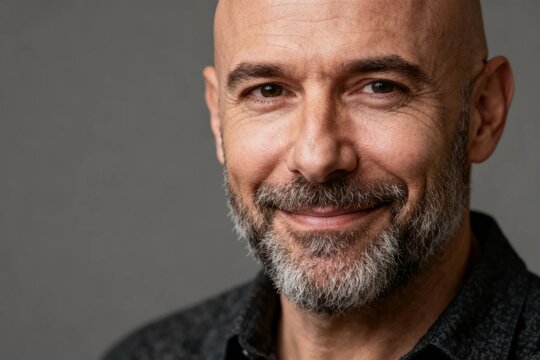 Close-up of a smiling bald man with gray beard