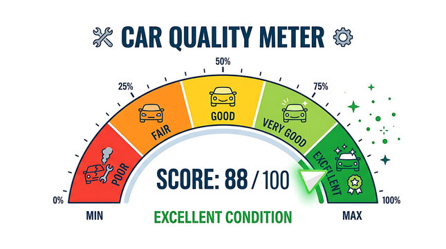 The car quality meter gauge shows an excellent condition score of 88 out of 100 for a vehicle.
