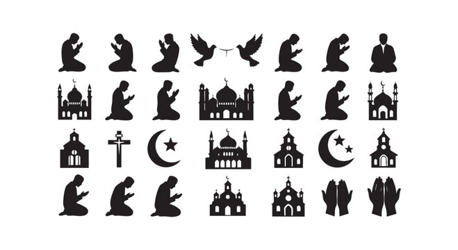 Global religion icons set featuring mosque and church silhouettes people praying and peace dove symbols for unity design.