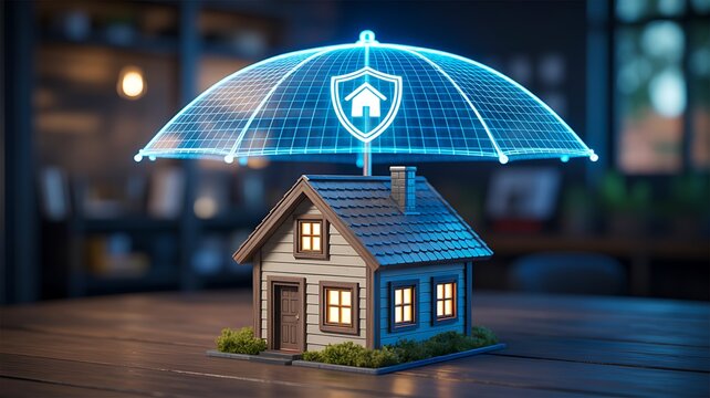 Home insurance protection concept with secure house under digital shield and cybersecurity technology