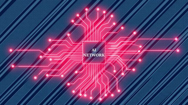 Artificial intelligence network chip motion background with glowing pink circuit board traces and digital grid.