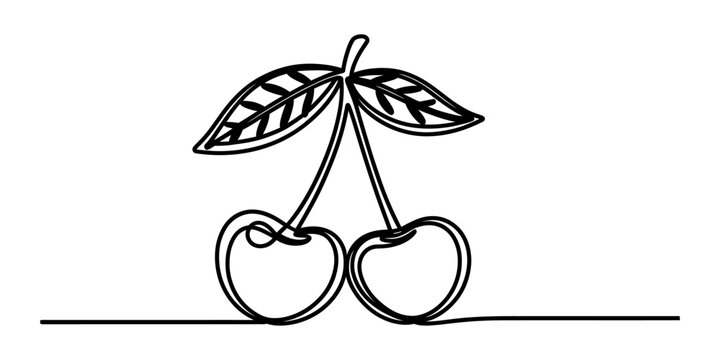 Simple one line drawing of two sweet cherries with leaves connected by a single continuous black ink stroke design Vector, illustration