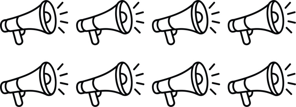 Megaphone outline icon set, black linear megaphone symbol pattern for announcement and advertising vector design