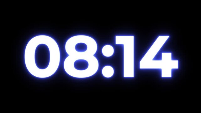 Glowing neon colorful 9 minutes countdown animation from 540 seconds to 0 seconds. 9 minute countdown timer on a black background. 4k video