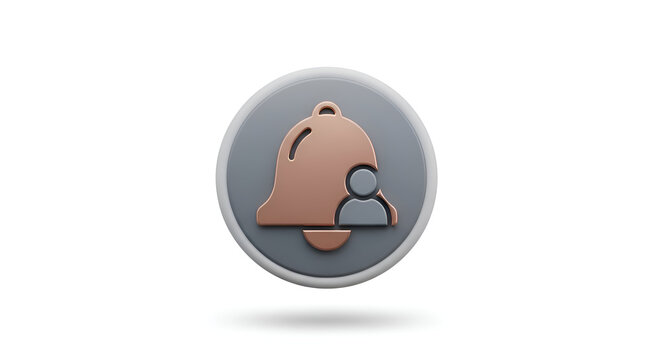 3D render of a bronze bell icon with a user symbol for notification isolated on white