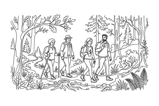 A group of four people hiking together through a forest trail.