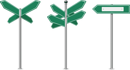 Blank green street signpost set with empty multi directional pointer arrows, traffic destination vector illustration © Sohel