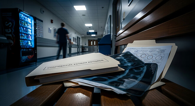 HIPAA privacy breach showing sensitive patient medical records and confidential xray files left unattended on a hospital hallway bench