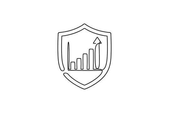 A continuous line drawing of a shield protecting a growing bar chart.