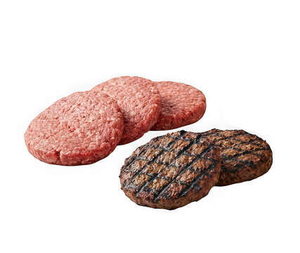 Raw and grilled beef burger patties isolated on transparent background