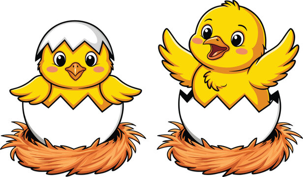 Cute cartoon baby chick hatching from egg in nest, happy little yellow bird vector illustration set