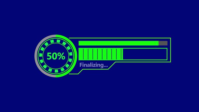 Digital loading progress bar animation with percentage counter showing finalization status on blue background.