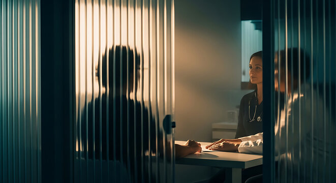 A professional medical consultation through a glass partition highlighting patient privacy and hipaa compliance in a clinical environment