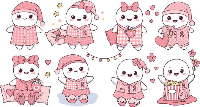 A collection of cute cartoon characters wearing pink pajamas and nightcaps in various poses for children book design and illustration