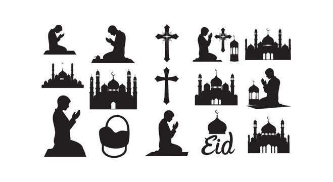 Islamic eid celebration silhouette set with mosque icons and people praying including christian cross symbols vector art.