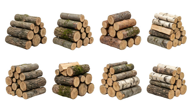 Natural firewood logs collection, stacked wooden timber piles with birch and oak bark, rustic fuel wood set isolated on white background