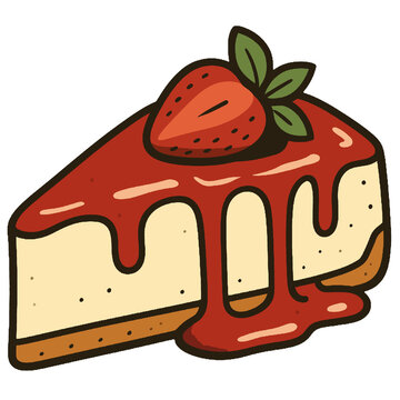 Cartoon illustration of a slice of cheesecake topped with strawberry syrup and a whole fresh strawberry