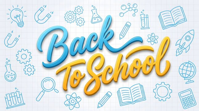 Back to school 3d script typography on white grid paper with blue science and math line art icons.
