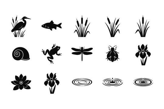 Set of black silhouette icons representing pond life and aquatic ecosystem elements.
