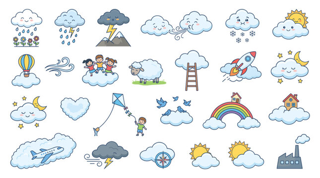 Cute kawaii nuage dessin vector cartoon set featuring kid weather icons and a colorful rainbow.