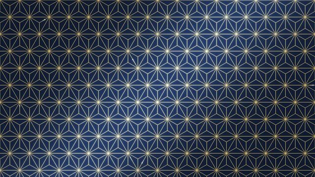 Asanoha Japanese pattern, gold on navy glow seamless loop background