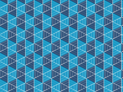 Blue geometric seamless pattern with optical illusion cube effect.