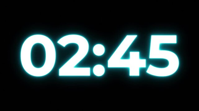 neon 3 minute countdown animation from 180 seconds to 0 seconds on a transparent background, Neon two minute countdown timer with alpha channel