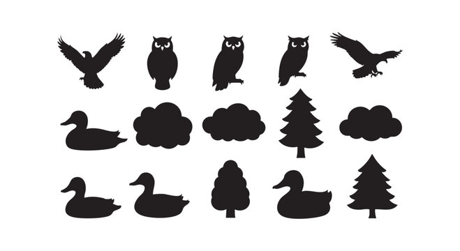 Outdoor adventure silhouettes with ducks owls flying eagles pine trees and fluffy clouds set on white background vector.