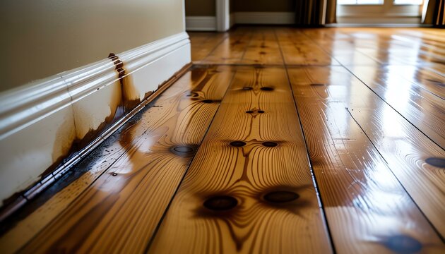 Dark brown liquid spill on polished hardwood floor and white baseboard in a modern home