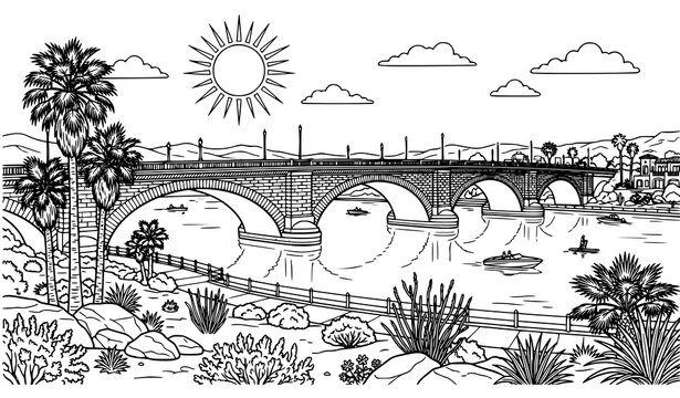 Beautiful Waterfall Landscape Coloring Page with River Trees Flowers and Peaceful Nature Scenery Illustration