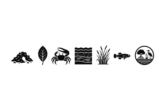 A collection of black silhouette icons representing mangrove ecosystem elements and wildlife.