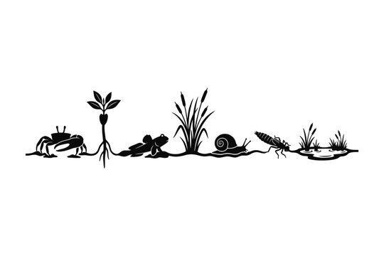 A black silhouette illustration featuring various wetland creatures and aquatic plants in a row.
