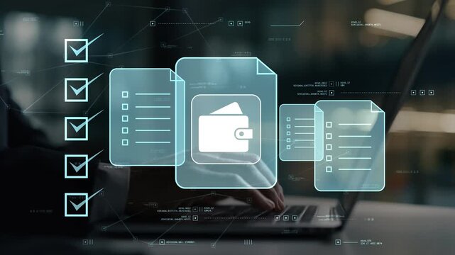Businessman organizing money management documents with digital wallet icon, budgeting checklist, financial organization and secure business finance workflow