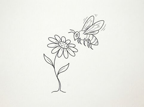 Honey bee flying towards a daisy flower simple line art illustration with pollination illustration wildlife
