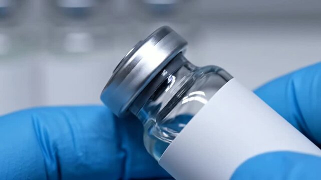 Close-Up of Glass Vaccine Vial Held in Gloved Hand in Sterile Laboratory Background for Medical and Healthcare Use