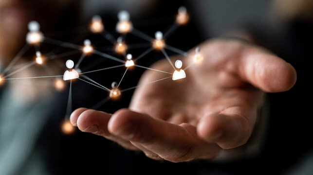 Hand Presenting Glowing Digital Network of Connected People on Dark Background