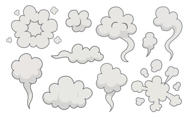 Obraz premium Set of dynamic smoke comic effect cloud. Speed animation game wind graphic. Explode element manga anime boom crash. Vector illustration