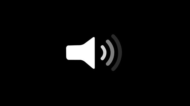 White speaker icon with three grey sound waves on a black background audio volume.4k video animation.