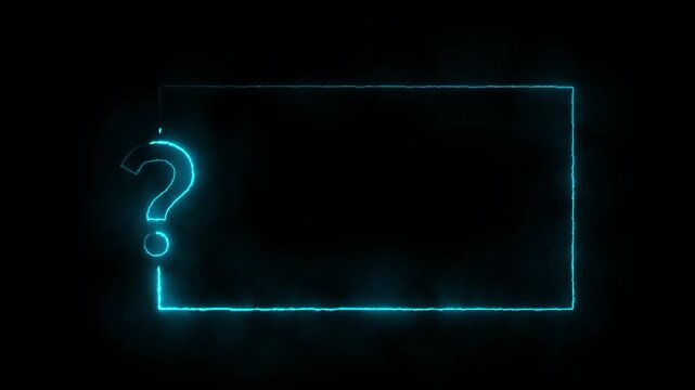 Purple neon question mark and rectangle frame on black background symbol punctuation.4k video animation.