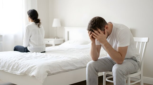 Couple in distress sitting separately on bed after an argument.