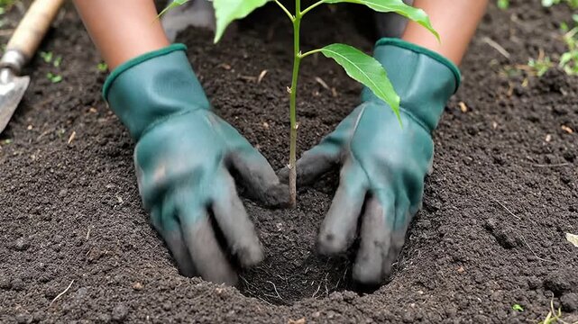 Close-Up of Gloved Hands Planting Young Seedling into Rich Soil for Gardening and Sustainability