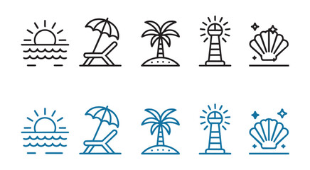 Collection of beach and travel icons. Features sunset, beach chair, palm tree, lighthouse, and seashell for summer vacation and seaside themes. © Pixels-Stock