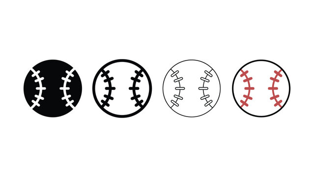 Four stylized baseball icons with different stitching patterns and color variations