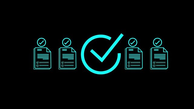 Digital Glowing checklist and approval workflow showing business document validation and task tracking system for decision making, process optimization, and quality verification with 4k Animation.