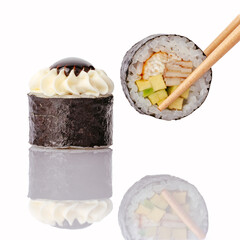 Assorted Japanese maki sushi rolls on white background © Cavan