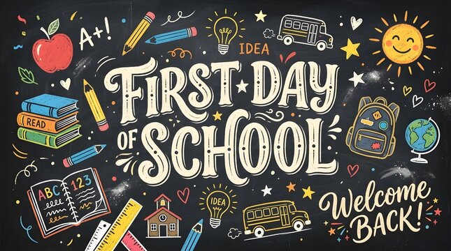 Chalkboard-style &ldquo;First Day of School&rdquo; illustration with colorful school icons and playful lettering